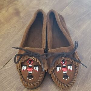 Brown Beaded Moccasins with Bird Design